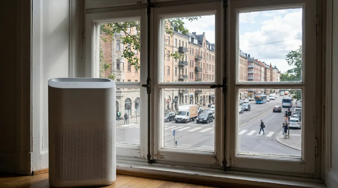 Blick aus einem Altbaufenster auf eine befahrene Straße, im Zimmer davor steht ein Luftreiniger
