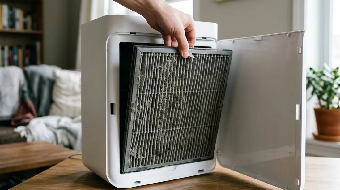 Geöffneter Luftreiniger, aus dem ein gebrauchter HEPA-Filter herausgezogen wird